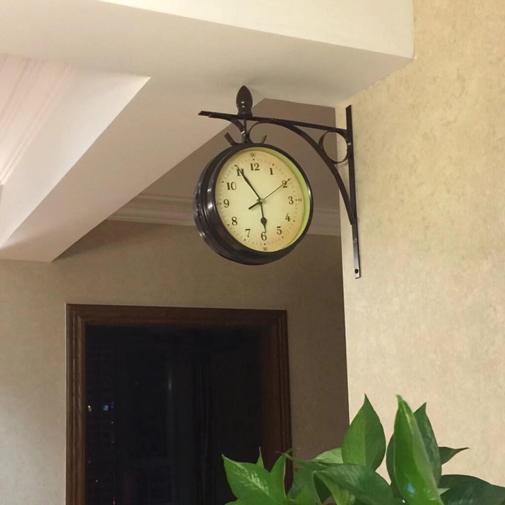 Double Sided Wall Clock Vintage Wrought Iron Round Clock for Outdoor Garden Decoration Black