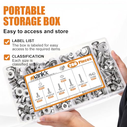 Image of mankk 260PCS Flange Head Bolts Assortment Kit 1 /4-20 x (1 /2 inch,5 /8 inch,3 /4 inch,1 inch,1-1 /4 inch) 304 Stainless Steel SAE Flange Hexagon Screws and Serrated Flange Nuts Kit