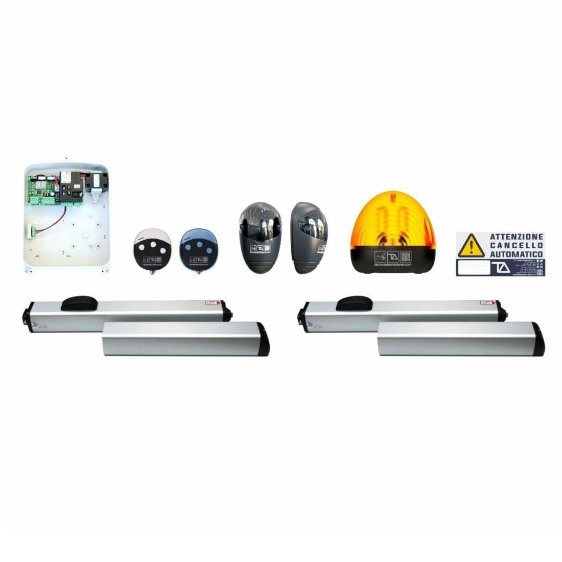 Kit de motor hidráulico PL para puertas batientes, 230 Vac, máx. 300 kg/1,80 metros por batiente, centralita T011A, 2 controles, 1 par de fotocélulas, intermitente LED - Tecno Automation KITB89TN