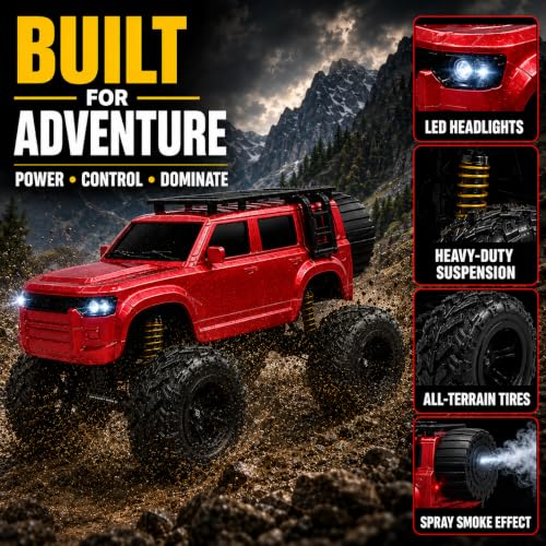 Image of Big Red Remote Control Car Toy | Defender | Smoke and LED Light | Monster Truck Remote Control 4x4 | Rechargeable Car | 2.4G Remote Control | High Speed | 100m Range | Birthday Gift for Kids