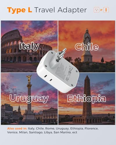 Image of TESSAN Italy Travel Plug Adapter PD 20W, Type L Adapter for Travel with 4 Outlets 3 USB Ports (1 USB-C), Power Adaptor for US to Italy Chile Rome Uruguay Milan Libya