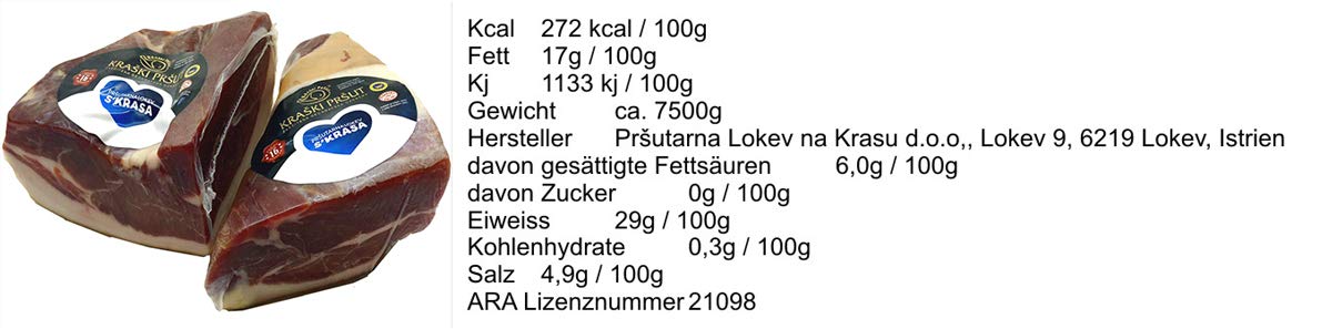 Luftgetrockneter Karst Schinken - Prosciutto - Kraski Prsut 16 Monate gereift Rohschinken mit Meersalz aus der Saline von Piran, Karst Prsut aus Istrien. Stück ca. 700 - 1000g (Einweg)