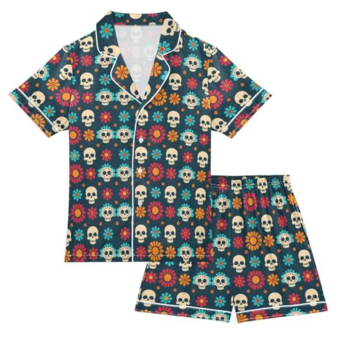 ALAZA Sugar Skull Flower Blue Satin Pajamas Set Short Sleeve Button Down Sleepwear Summer Pjs 2 Piece