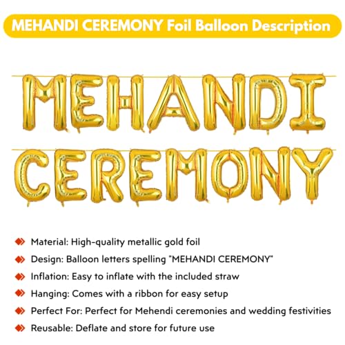 Image of Mehandi Ceremony Banner Gold for Wedding Home Boys Girls Men Women Foil Balloon Decoration Decor Celebration Golden