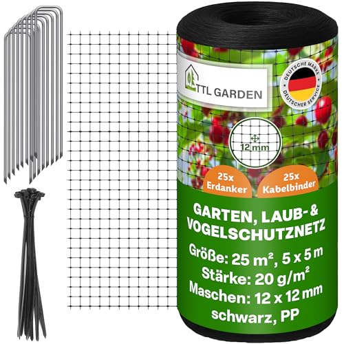TTL GARDEN 5x5m Vogelschutznetz Laubnetz 20g/m schwarz - 12x12mm Masche engmaschig 25m 1 Faden System extra stabil - Obstbaumnetz Schutznetz Gartennetz reißfest robust 25 Erdanker + 25 Kabelbinder