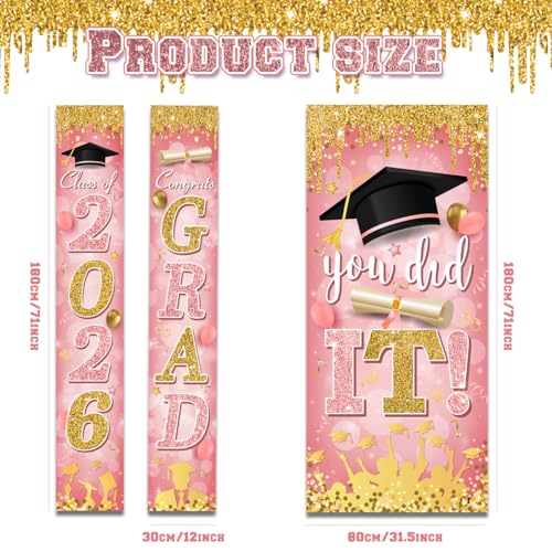Image of 2026 Graduation Banner Pink Class of Congrats Grad Porch Sign and You Did It Graduation Door Cover for High School College Party Supplies Indoor Outdoor(Pink)
