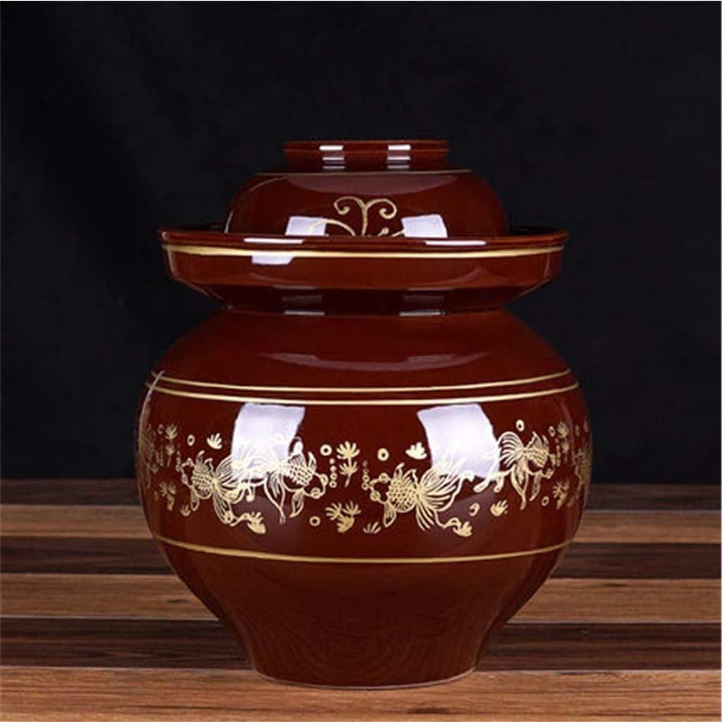 Traditional Chinese Porcelain Pickle Jar,Goldfish Pattern Fermentation Crock Pickling Pot,Ceramic Fermenting Jar with Water Seal Airlock Lid Stoneware Fermenter for 4KG Jar