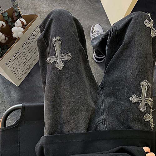 Harajuku Men's Distressed Gothic Jeans with Cross-Stitch Patches - Loose Straight Fit3
