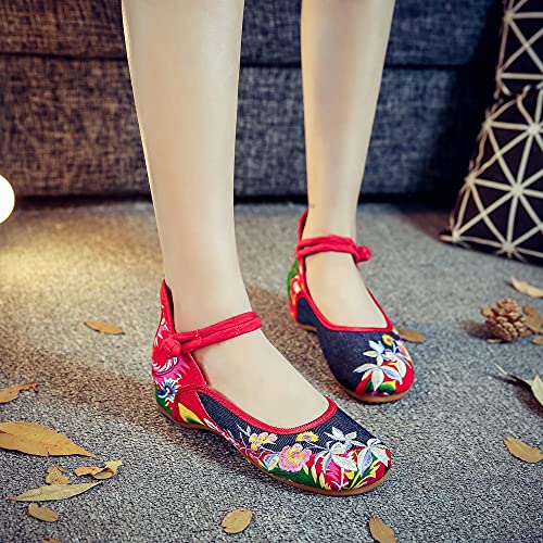 Chinese Women Flats Shoes Casual Chinese Embroidered Cloth Denim Canvas Drive Shoes Woman (Color : Red, Size : 10 Code) (Red 12 Code)4
