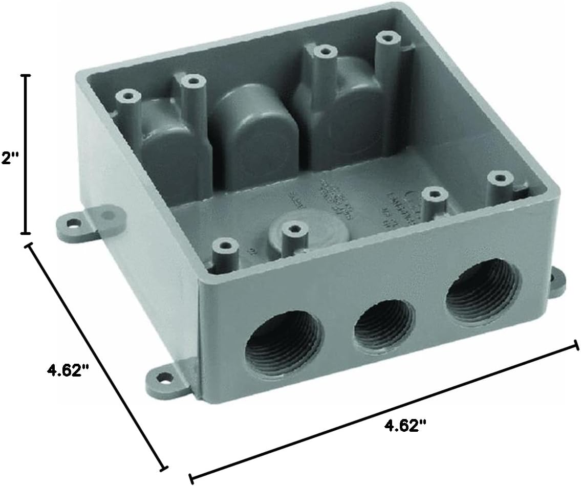 Carlon E382DE T Outlet Box, Weatherproof, 2 Gang, 4.62-Inch Length by 4.62-Inch Width by 2-Inch Depth, Gray, 1-Pack