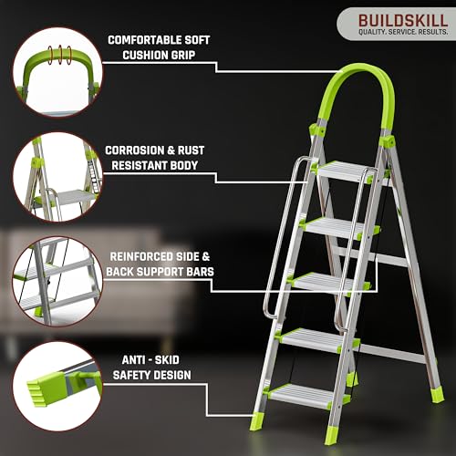Image of BUILDSKILL Aluminium Ladder for Home 5 Steps | 34x16cm Wide Anti-Slip Aluminium Steps | Stainless Steel Body | Handrails | Load 150 Kg | Foldable Lightweight 5.35KG Ladder for Kitchen, Office & Home
