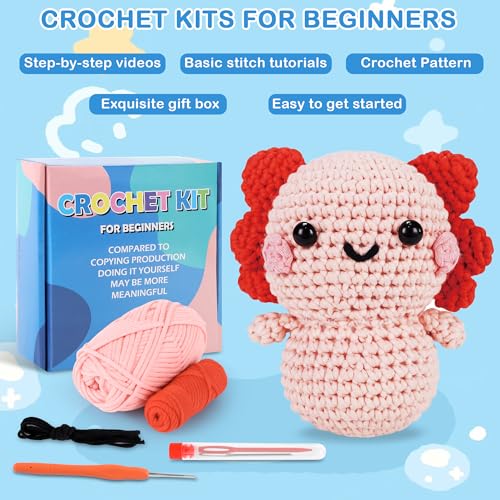 Image of StryWiin Crochet Kit for Beginners, Pink Axolotl Crochet Animal Kit with Step-by-Step Video Tutorials, DIY Beginner Crochet Kit for Adults, Ideal for Birthday and Holiday Gifts