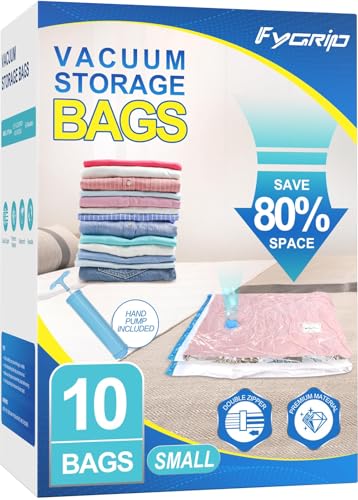 Image of Fygrip Vacuum Storage Bags with Hand Pump, Plastic Packaging Bags, 80% Space Saver Vacuum Seal Bags for Clothing, Travel Lugggage, Blankets, Comforters, 10 Small