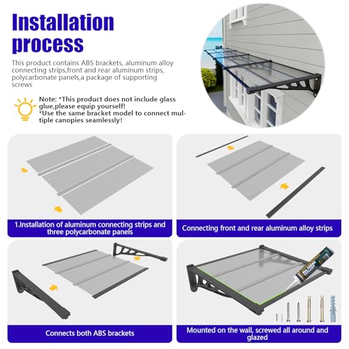 Auvent de porte haut de gamme en polycarbonate imperméable et structure rigide stable - 7