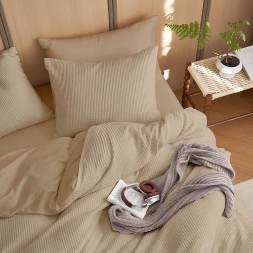 Image of Wake In Cloud - Waffle Cotton Comforter Set, 100% Cotton Fabric Bedding, Waffle Weave Knit Textured Neutral Farmhouse Soft Lightweight, 3 Pieces, Tan, King Size