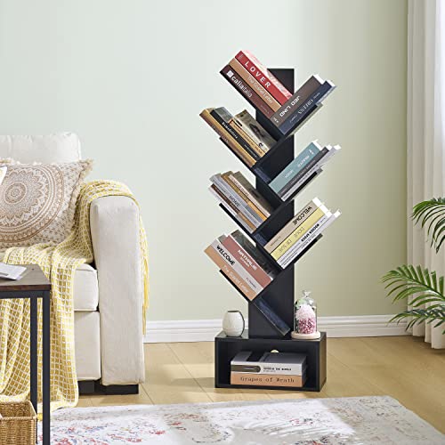 Image of Hoctieon 6 Tier Tree Bookshelf, Tall Bookcase with Drawer, Freestanding Book Shelf, Display Floor Standing Storage Shelf, Book Organizer Shelves for Home Office, Living Room, Bedroom, Black