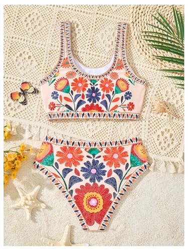 Girl's 2 Piece Boho Floral Print Swimsuit Cute Scoop Neck Bathing Suit Bikini Sets Swimwear2