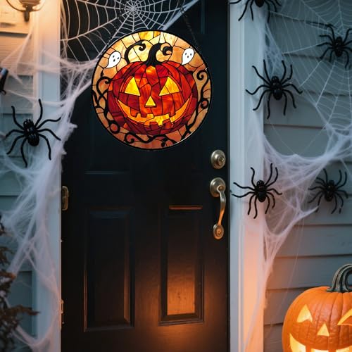 Image of Stained Glass Window Hanging - Halloween Decorations Evil Pumpkin Orange Suncatcher for Doors Garden Indoor Funny Spooky Sun Catchers Gothic Decor Horror Gifts for Women Men Friend 9.8 in