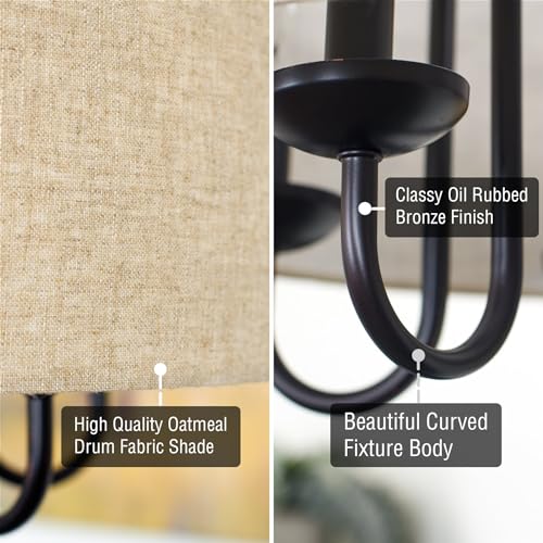 Image of Kira Home Gwenyth 20 inch Modern Farmhouse 5-Light Drum Chandelier with Oatmeal Linen Shade, Rustic Arched Metal Hanging Fixture, Oil Rubbed Bronze Finish