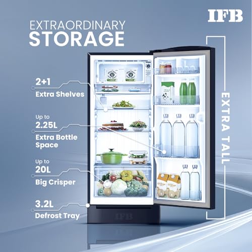 Image of IFB 187L 3 Star Direct-Cool Single Door Refrigerator (IFBDC-2133NBHED, Floral Falls Blue) Extraordinary Space with Base Drawer and Humidity Controller