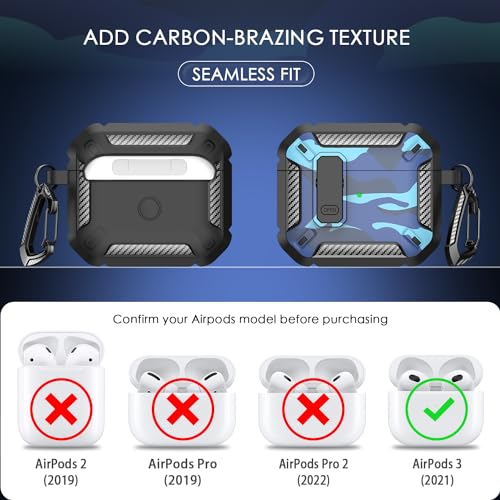 RFUNGUANGO for AirPods 3 Case Cover with Cleaning Kit and Carabiner, Safety Lock and Automatic Pop-up, Compatible with Airpods 3rd Generation Case, Support Wireless Charging, Blue Camo — view 6