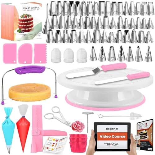 RFAQK 200PCs Cake Decorating Kit with Cake Turntable & Leveler, Baking Supplies Gift Includes 110+1 Piping Bags,55 Icing Tips,2 Frosting Spatulas, Adjustable Scraper, Complete Video Course & much more