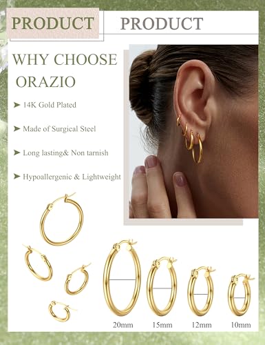 ORAZIO 4 Pairs Stainless Steel Hoop Earrings Set Cute Huggie Earrings for Women,Gold-Tone,10MM-20MM - Thumbnail 2