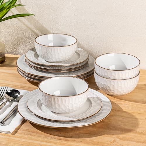 Image of GBHOME Ceramic Dinnerware Sets,12 pcs Embossed Elegant Stoneware Plates and Bowls Sets, Housewarming Wedding Gift | Dishwasher & Microwave Safe | Dishes Set Service for 6