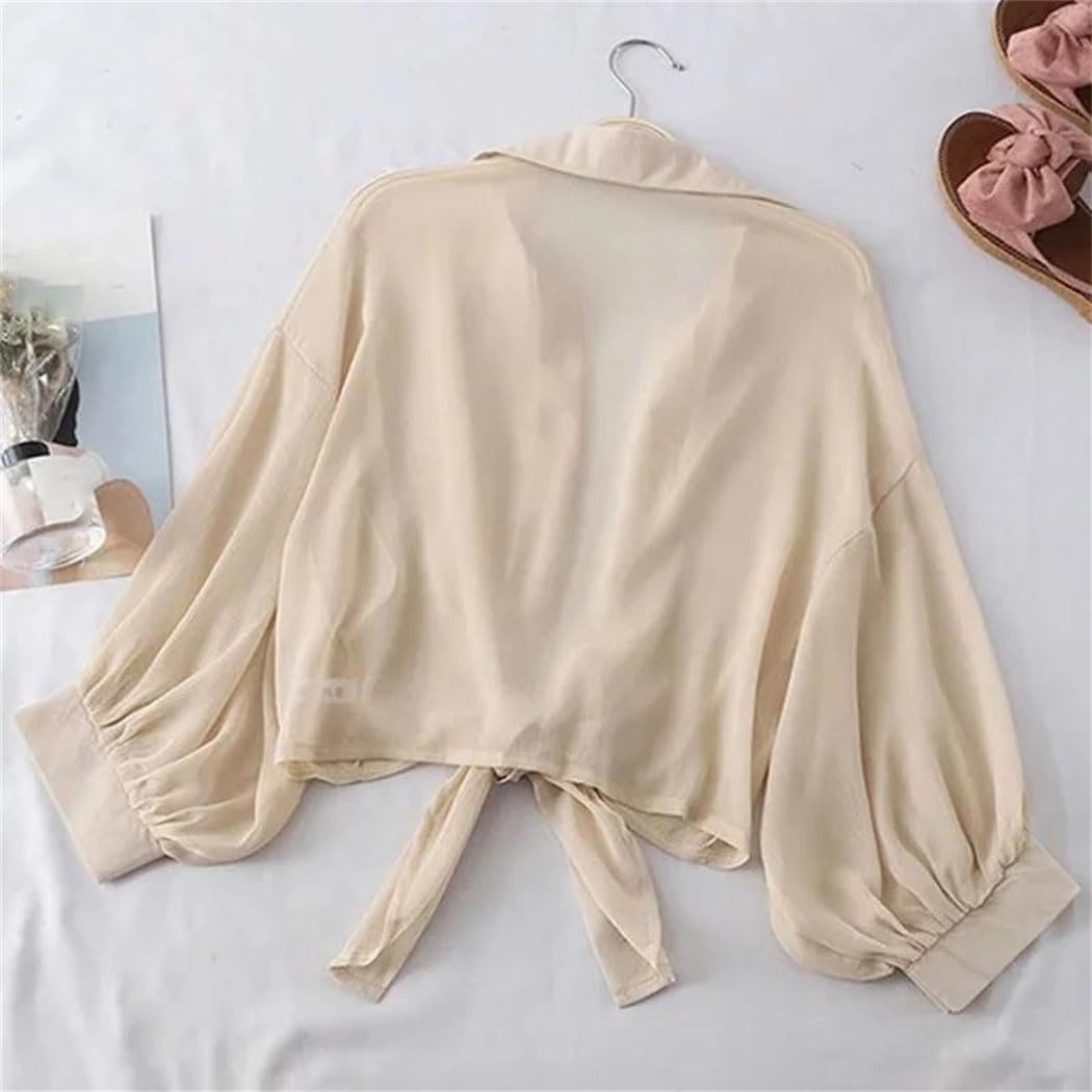 keusyoi Women Summer Bat Half Sleeve Chiffon Shirt Casual Loose Button Hollow Solid Color Tied Waist Blouse