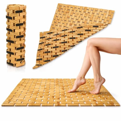 Tapis de bain en bambou 80 x 50 cm – Surface antidérapante, 100 % bambou naturel, séchage rapide, antibactérien – Tapis idéal pour salle de bain,...