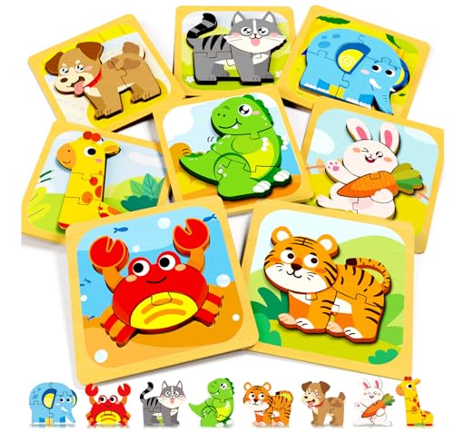 FunMission Puzzles, 8Pcs Animals Pegged Puzzles Toddler Toys, Brain Teaser Puzzles Montessori, Wooden Games, Educational STEM Toys for 3+ Year Old...