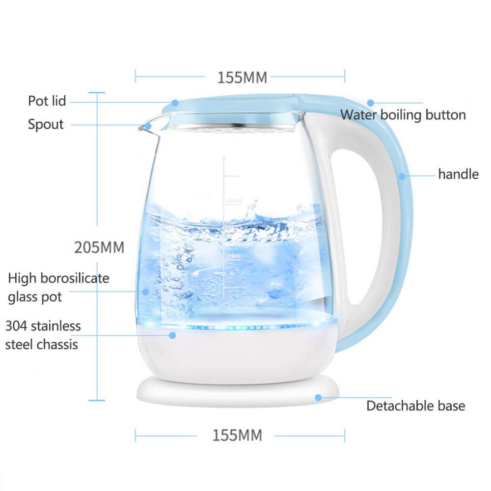 Bollitore in Vetro Ecologico, Acqua Senza Fili da 1,8 Litribollitore con Led Illuminato, Bollitore per Acqua per Tè a Ebollizione Rapida, Spegnimento Automatico e Protezione da Ebollizione a Se