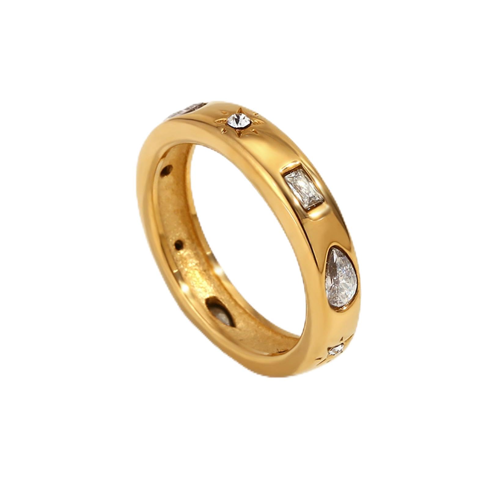 Anello da Donna in Acciaio Inossidabile Placcato Oro 18 carati Stella Pietra Rotonda Goccia d'Acqua Rettangolo Geometrico CZ Accessorio Regalo