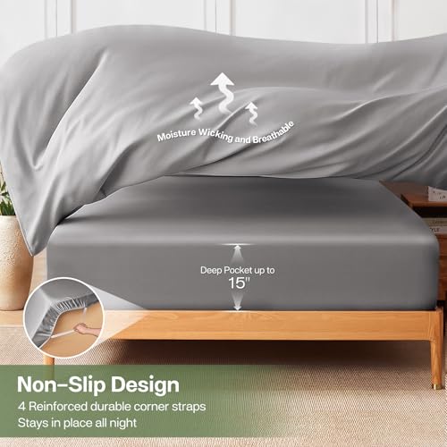 MR&HM Twin Sheets Set, 3-Piece Cooling Sheets, Rayon Derived from Bamboo & Polyester Blend, Soft & Silky, 15" Deep Pockets with Elastic Straps, Hotel Luxury for Hot Sleepers, Silver Grey