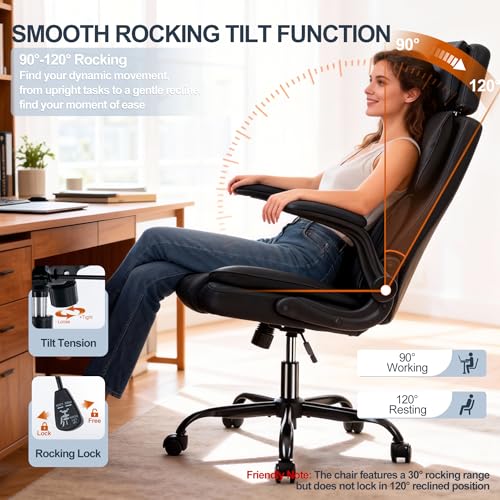 Image of Office Chair with Adjustable Headrest - Executive Leather Desk Chair for Home Office, with Flip-Up Arms & Ergonomic Lumbar Support, Perfect for Work and Study, Black