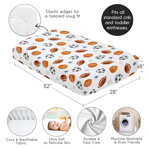 Image of Sweet Jojo Designs Fitted Baby Crib Sheets (Vintage Sports Theme) for Boys, Infant Nursery, Toddler Room - Standard Size (Watercolor, Sport Themed, Soccer Balls, Football, Baseball, Basketball, Stars)