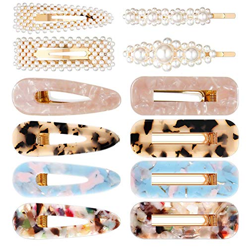 12 PCS Acrylic Resin Hair Barrettes Artificial Pearls Hair Clips Hollow Geometric Alligator Hair Clip Headgear Styling Tools Duck Mouth Barrette Styling Tools Accessories