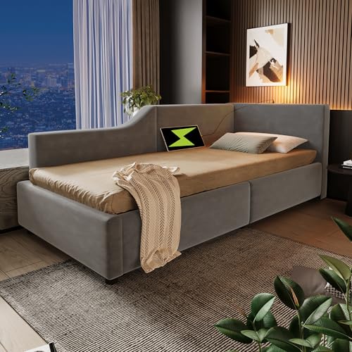 HUQIQWE Cama Individual 90x190 cmTipo Sofá Cama con Arcón Hidráulico, Laterales Elevados Tapizados y Somier De Madera, Diseño De Cama Juvenil, para Dormitorio Juvenil Completo