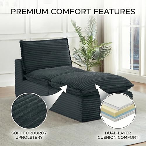 Image of Modular Sectional Sofa Add-On Set - Corduroy Middle Seat & Ottoman, Convertible Armless Chair with Footstool, DIY Expansion Module for Living Room, Bedroom, Apartment