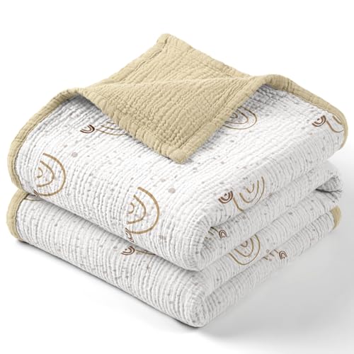 Image of lulumoon Muslin Baby Blanket - Cotton Quilt Blankets for Toddlers - Reversible Nursery Crib Blanket for Baby Boys and Girls 47"x47"(Khaki Rainbow)