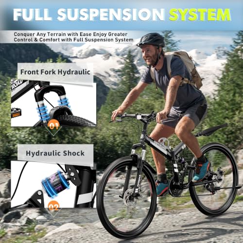 Image of Outroad 26 Inch Folding Mountain Bike, 21 Speed Full Suspension High-Carbon Steel MTB Foldable Bikes, Dual Disc Brake Non-Slip Folding Bicycle for Adults /Men /Women, 26 inch Dark