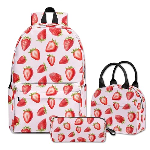 Image of Strawberry Printed Backpack Set for Girls Kids, 3Pcs Bookbag with Pencil Case for Back to School, 17 Inch Lightweight Laptop Backpack with Lunch Bag for Women Teens Office, High School