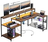 Bestier 71.5 inch Computer Desk with Power Outlets, LED Large Home Office Desk with Monitor Stand, L Shaped Corner Desk with Printer Stand Adjustable Shelf, Cup Holder & Headset Hooks, Brown