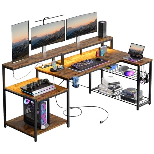 Bestier 71.5 inch Computer Desk with Power Outlets, LED Large Home Office Desk with Monitor Stand, L Shaped Corner Desk with Printer Stand Adjustable Shelf, Cup Holder & Headset Hooks, Brown