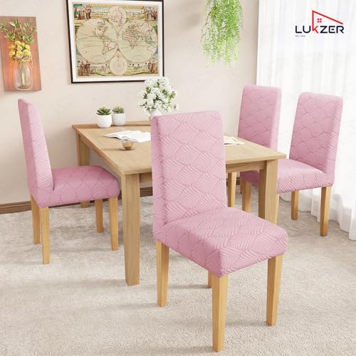 Image of Lukzer Elastic Dining Chair Cover - 2PC Pastel Pink Leaf Trail | Textured High Stretch Jacquard Seat Cover | Removable Washable Short Dining Chair Cover Protector Seat Slipcover | (CC-129-02)