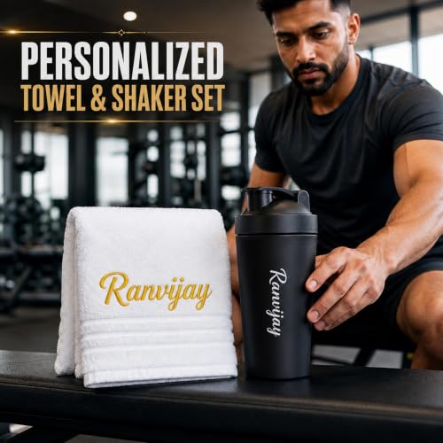 Image of SAVRI Personalized Gifts Customized Stainless Steel Protein Shaker Bottle 750ml with Mixing Ball & White Towel Combo set | Best Gift for Gym Lover, Fitness Lover, Men & Women