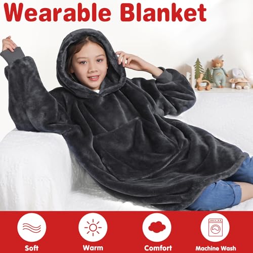 Image of Waitu Wearable Blanket for Kids, Cozy Wearable Blanket Hoodie for Teens Girls Boys, Warm Blanket Sweatshirt Gift for Teenage, Hoodie Blanket with Sleeves and Giant Pocket - Dark Gray