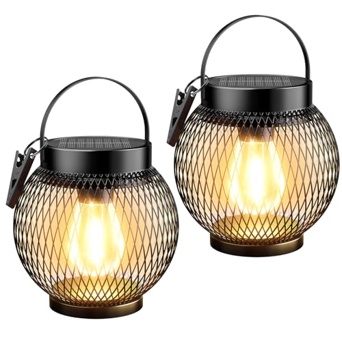 GEARLITE Solarlampen für Außen Hängend, 2 Stück Metall Solarlaterne für Außen mit Helle LED-Glühbirne, IP65 Wasserdicht Stehend Solar Laternen für Draußen mit Clips Garten Balkon Deko Terrassen Rasen