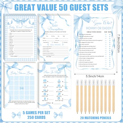 Image of Patelai 321 Pcs Blue Bow Baby Shower Games Supply for Boy 5 Set Include 250 Activity Cards 20 Pencils 1 Don't Say Baby Sign 50 Clothespins for Price is Right Prediction Bingo Game Party Decor