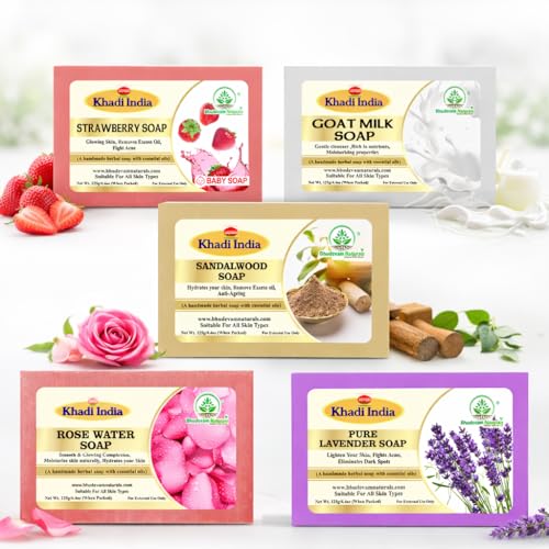 Image of Khadi Organic and Natural Handmade Bathing Soap for Men & Women | Assorted Herbal & Chemical-Free Face and Body Soap for Gentle Cleansing & Healthy Skin (Assorted Natural Bath (Pack of 5))